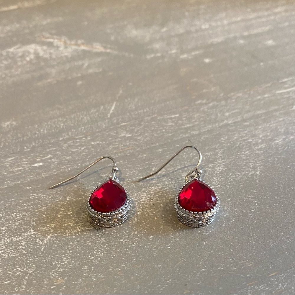 Vintage Tear Drop Ruby Silver Dangle Earrings - image 2